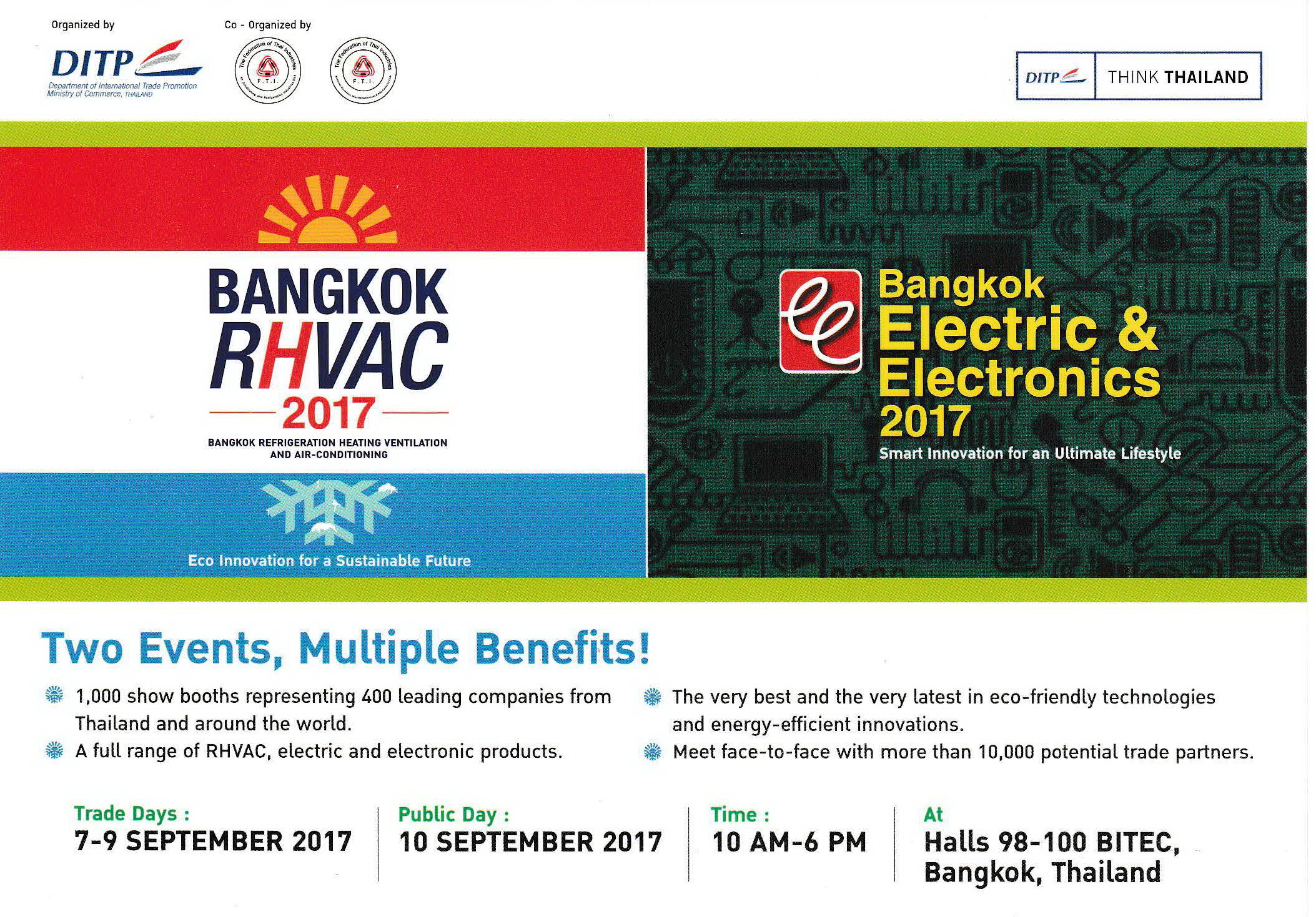 ร่วมแสดงสินค้าในงานแสดงสินค้าเครื่องปรับอากาศ และเครื่องทำความเย็น Bangkok RHVAC 2017 และงานแสดงสินค้าเครื่องใช้ไฟฟ้าและอิเล็กทรอนิคส์ Bangkok E&E 2017 (7-10 กันยายน 2560)